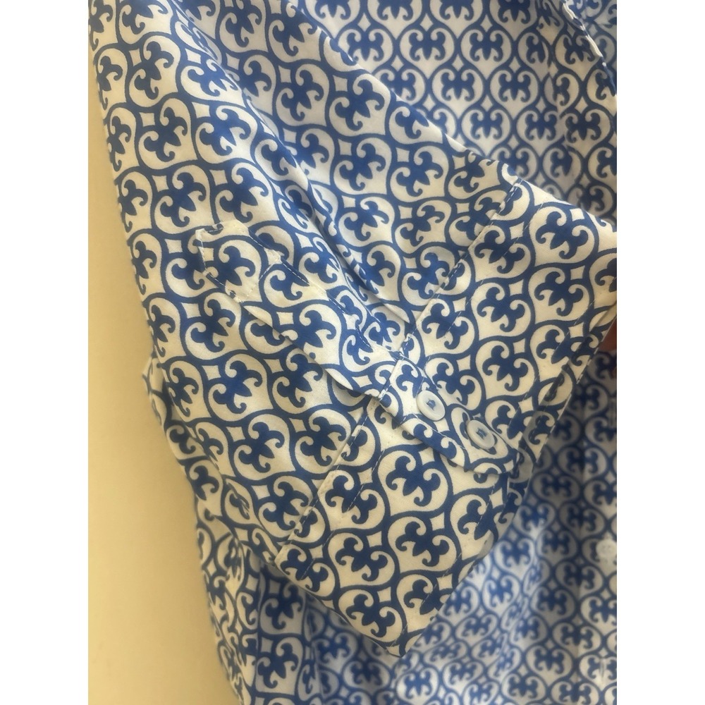 Talbots Women's Size 12 Blue/white Print Buttoned Short Puff Sleeve Fitted Top - Picture 5 of 8